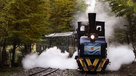 Ushuaia, Argentina - March 31 2019:  It is a narrow gauge steam train that transports tourists through the national park forest. This train was used by the prisoners to transport firewood until 1947の写真素材