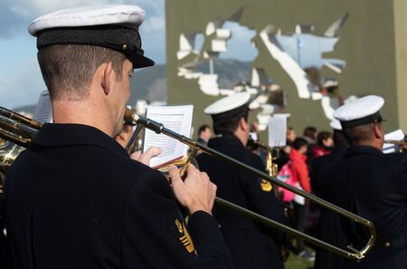 Ushuaia, Argentina - April 2 2019:  Band of music of the Argentine Navy during the military parade in the city of Ushuaia for the anniversary of the Falklands Warのeditorial素材