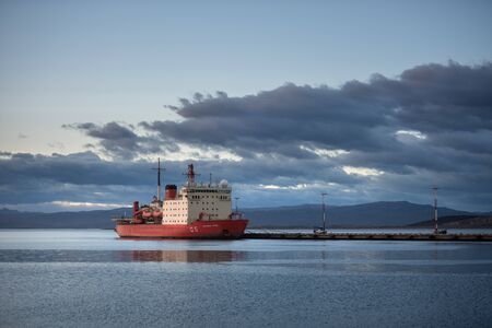 Ushuaia, Argentina - March 27 2019: The large icebreaker Almirante Irizar  moored in the seaport of the city.のeditorial素材