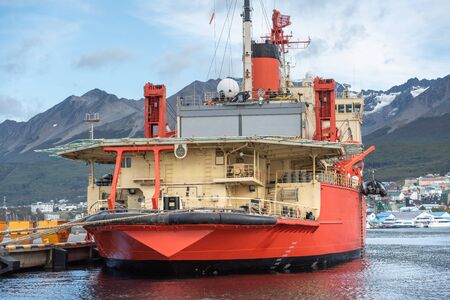 Ushuaia, Argentina - March 27 2019: Stern of a large icebreaker of the Argentine Navy moored in the seaport of the cityのeditorial素材