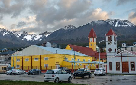 Ushuaia, Argentina - April 2 2012: Streets, architecture and the church.のeditorial素材