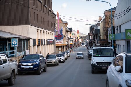 Ushuaia, Argentina - April 2 2012: Typical  architecture and the main street in downtown.のeditorial素材