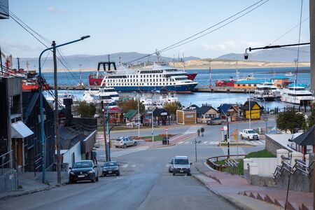 Ushuaia, Argentina - April 2 2012: Streets, architecture the bay and harbor.のeditorial素材