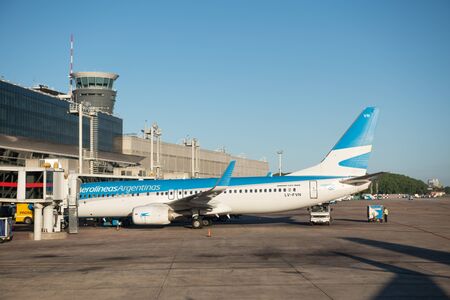 Buenos Aires, Argentina - April 3 2019:  Domestic flight of Aerolineas Argentinas in the sleeve before leavingのeditorial素材