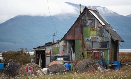 Ushuaia, Argentina - April 1 2019:  Fisher house by de coast of Puerto Almanzaのeditorial素材