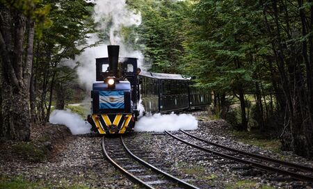 Ushuaia, Argentina - March 31 2019:  It is a narrow gauge steam train that transports tourists through the national park forest. This train was used by the prisoners to transport firewood until 1947のeditorial素材