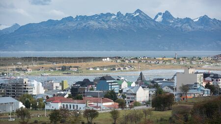Ushuaia, Argentina - April 2 2012: Streets, architecture, the bay, airport and harbor.のeditorial素材