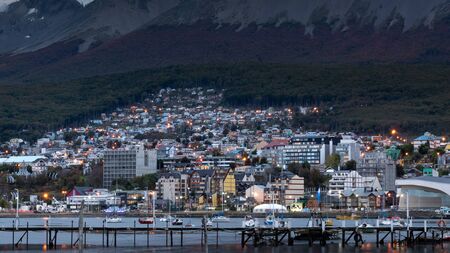 Ushuaia, Argentina - April 2 2012: Streets, architecture, the bay and forest.のeditorial素材