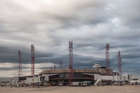 Brasilia, Brazil - February 23 2008: BSB Brasilia International Airport President Juscelino Kubitschek. Main gates from the runway.のeditorial素材