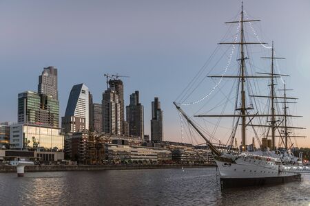 Buenos Aires, Argentina - January 12 2017: An old military boat and the river in Puerto Madero, Buenos Aires.のeditorial素材