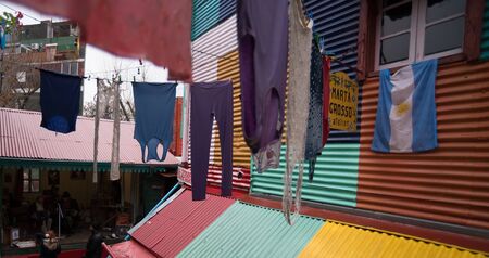 Buenos Aires, Argentina - July 31 2016: Rainy days in the neighborhood of La Boca. It is the backyard and clothes hanging in a typical house.のeditorial素材