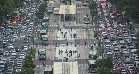 Buenos Aires, Argentina - May 4 2015: Rush hour, metrobus and traffic on the sreets of Buenos Aires city. This photo shows the 9 de Julio Avenue.のeditorial素材