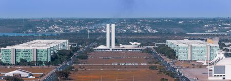 Brasilia, Brazil - June 17 2008: Eixo Monumental and esplanade of Brasilia with ministries and Congress of Brazil. Panoramic view.のeditorial素材