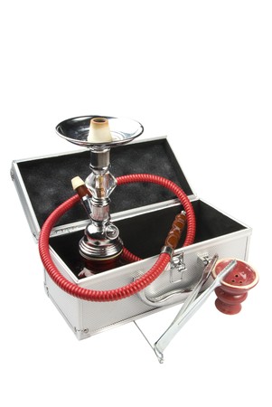 aluminum suitcase whith tunisian hookah. White background.の写真素材