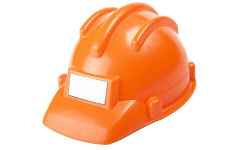 Orange plastic built helmet. Isolated on the white background.の写真素材