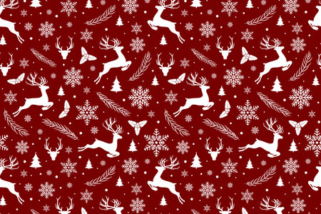 Seamless christmas pattern with reindeer and snowflakes white on red background .Vector illustration.のイラスト素材
