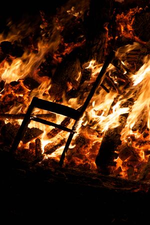 Chair burning in Guy Fawkes Night bonfireの写真素材