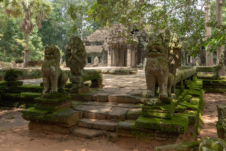 Stone lions and snake heads guard templeの写真素材