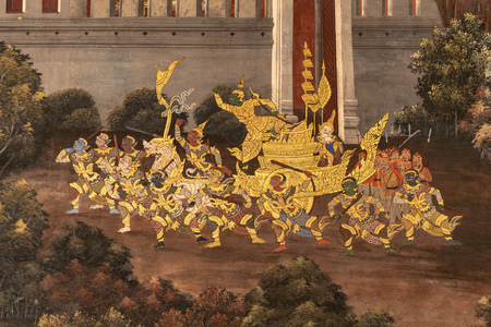 Gold chariot in Wat Phra Kaew muralsの写真素材