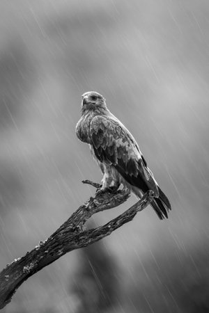 Mono tawny eagle in rain on branchの写真素材