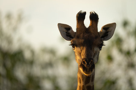 Close-up of southern giraffe looking toward cameraの写真素材
