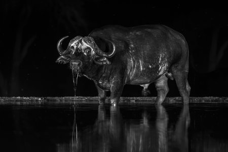 Mono Cape buffalo stands dribbling at nightの写真素材