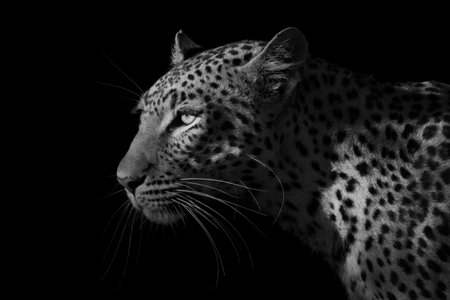 A female leopard walks past shadowy bushes in the early morning sunshine. She has a golden eye, white whiskers and a tawny coat covered in black spots.の写真素材