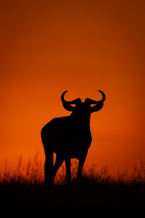 Blue wildebeest faces camera silhouetted on horizonの写真素材