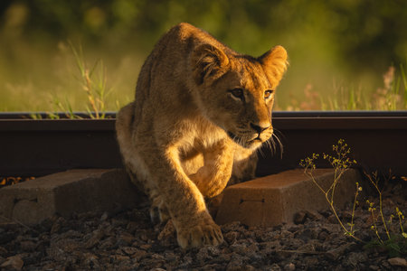 Lion cub sits by railway lifting paw