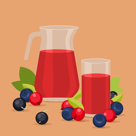 Juice in glass and in carafe. Red currant, blueberry and blackberry on background.のイラスト素材