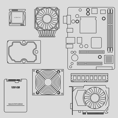 Vector computer components. Graphic card, central processor unit, memory, hard disk device, motherboard and cooler fan design. Modern device icon.のイラスト素材