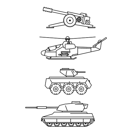 Military vector set. Outline cannon, helicopter, armored troop-carrier and tank design. Weapon icon collection.のイラスト素材