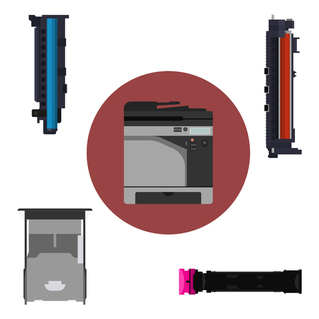 Laser printer and print equipment set. Cartridge, toner and paper tray design.のイラスト素材