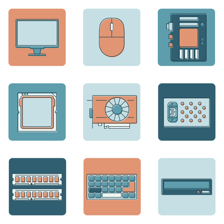 Computer equipment and accessories vector icons set. Flat design with outlines of electronic devices. Modern technology concept.のイラスト素材