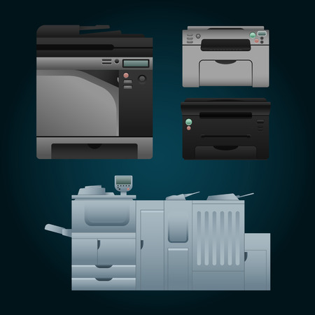 Set of color laser printer in vector. Digital print machine design. Color copy and printing equipment. Office hardware collection. Big press machine and small copier for business.のイラスト素材