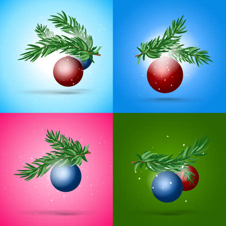 Christmas and New year composition collection. Fir branch and glossy ball design.のイラスト素材