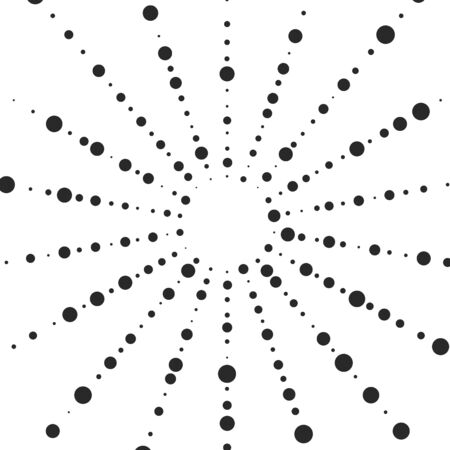 Vector black dot background. Abstract shape pattern. Technology monochrome background for web and print design. Random circle shapes. Big and small black points. Illustration with black dots ray.のイラスト素材