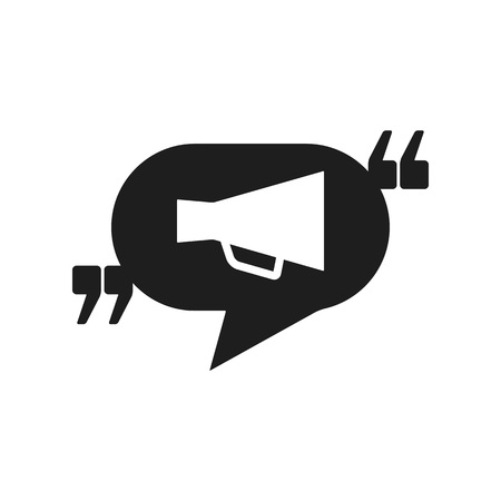 Vector icon with quote, speech balloon and megaphone. Black mark and bullhorn symbol. Feedback form template. Business dialog pictogram. Isolated comma design.のイラスト素材