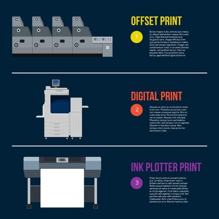 Copy and polygraph equipment. Business press machines. Color media collection. Color Ink and cartridge. Paper for laser and ink print. Copy and scan. Laser, ink, offset machine. Banner template.のイラスト素材