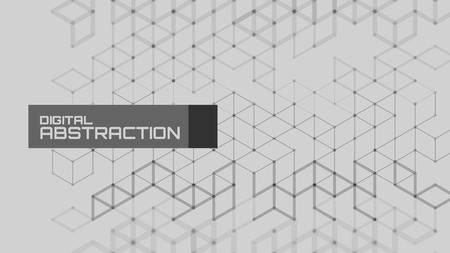 Vector abstract boxes background. Modern technology illustration with square mesh. Digital geometric abstraction with lines and points. Cube cell.のイラスト素材