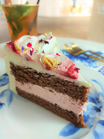 Strawberry cream cake with iced mint lemon teaの写真素材
