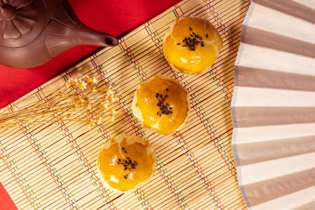 Delicious Asian Chinese desserts, Red Bean Paste and Salty Egg yolk Pastry, from Taiwan .Chinese New...