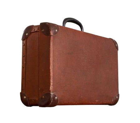 Isolated Old Vintge Dusty Brown Suitcase on a white backgroundの写真素材
