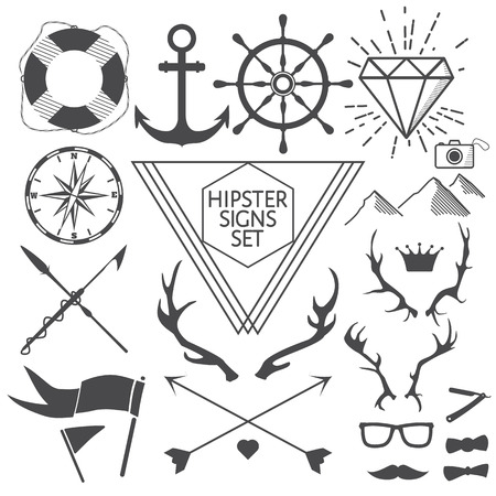 Hipster signs and symbols set with anchor, lifebuoy, steering wheel, diamond, camera, antlers, mustache, glasses, flags, arrows, compass, harpoons, crown, mountains. Vector Illustration for artwork, party flyers, posters, banners, other desingのイラスト素材
