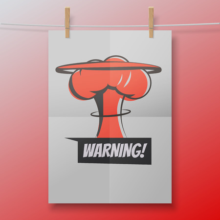 Warning red poster like nuclear explosion or mushroom cloud illustration on a white folded sheet and rope with clothespins. Vector concept.のイラスト素材