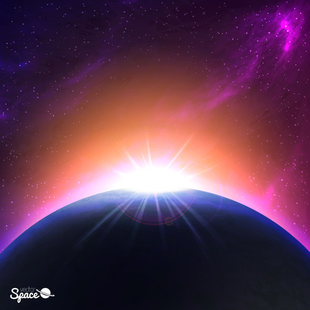 Sunrise over Earth-like planet. Colorful Space background. illustration for your artworkのイラスト素材
