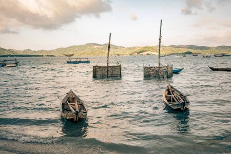oyster cages await fisherman to deploy them on a lake in vietnamの写真素材