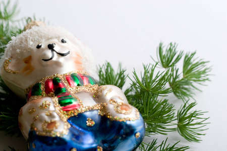 Shiny christmas decorative bear and evergreen branch. Isolated, white background, copy-spaceの写真素材