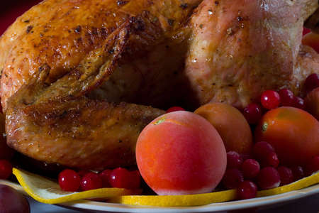 Close-up of roasted chicken or turkey garnished with lemon, cranberry, tomatoesの写真素材