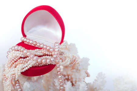 corals and -shaped red box with shiny pearl necklace. With copy space on white background.の写真素材
